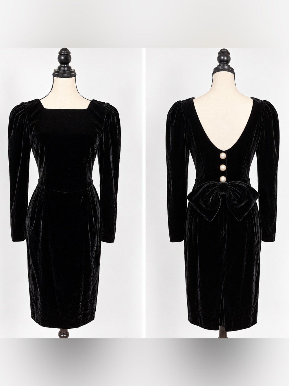 Vintage 80s Maggy London Black Velvet Bow Back Dress Size 8
